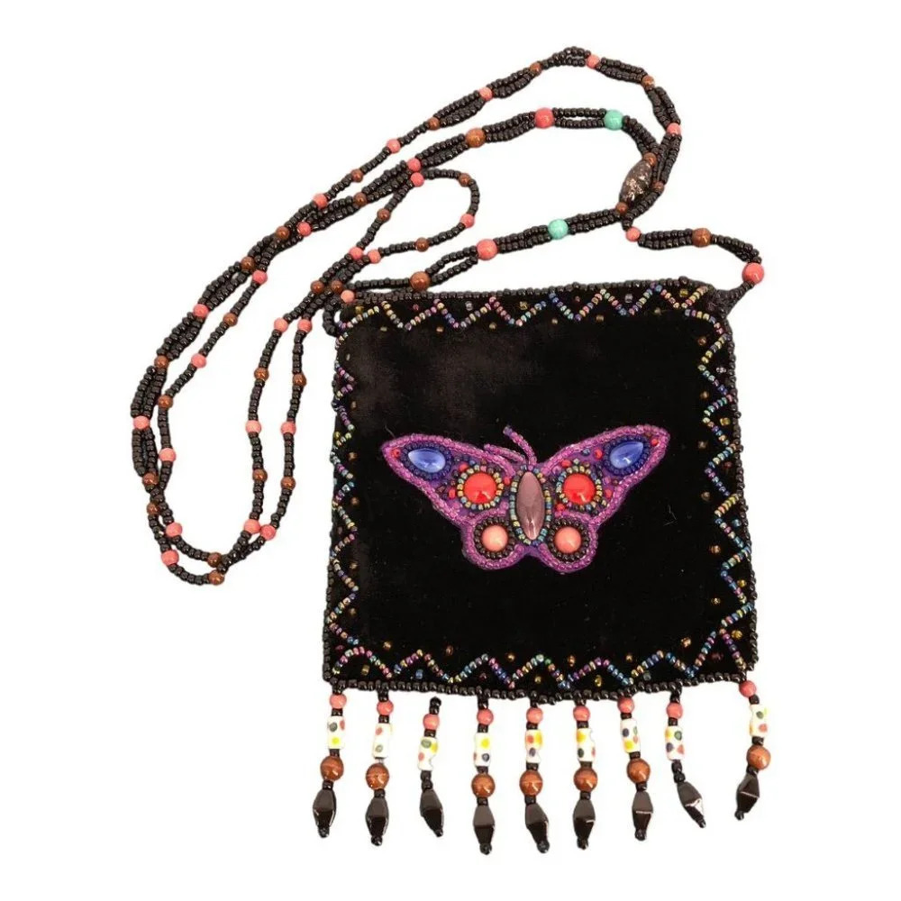 Velvet Black Beaded Colorful Butterfly Mini Cross-shoulder Pouch Y2K Retro - Picture 15 of 15